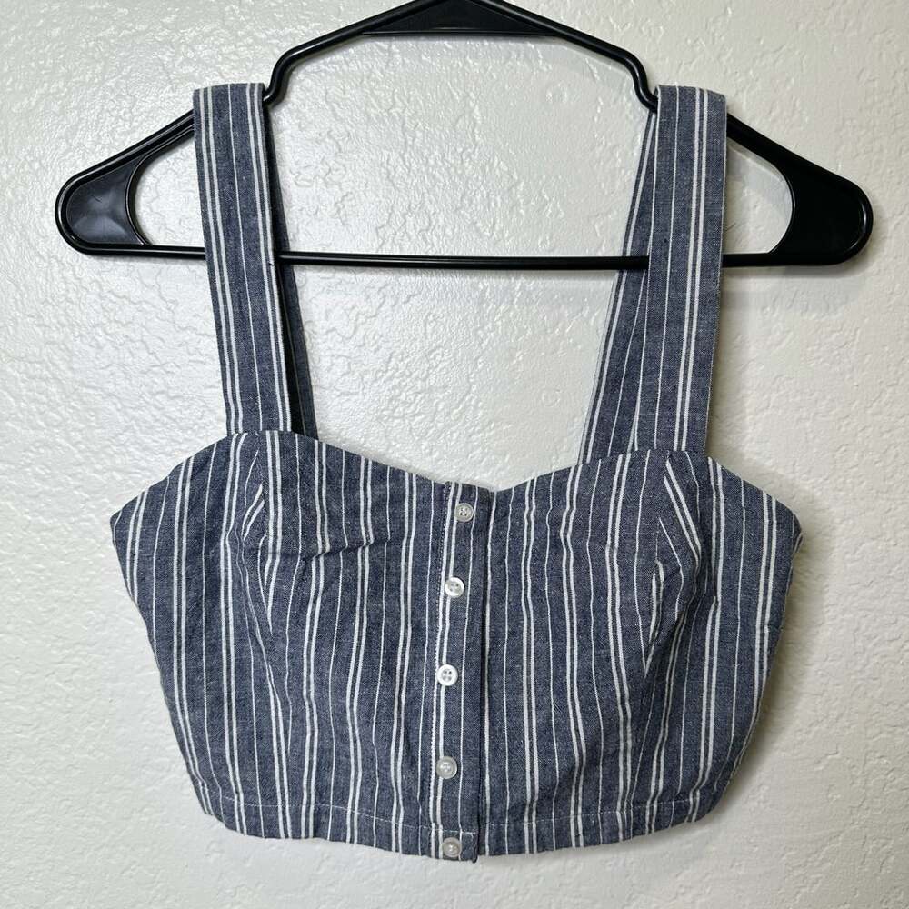 Forever 21 Blue and White Striped Button-Front Crop Top Size L